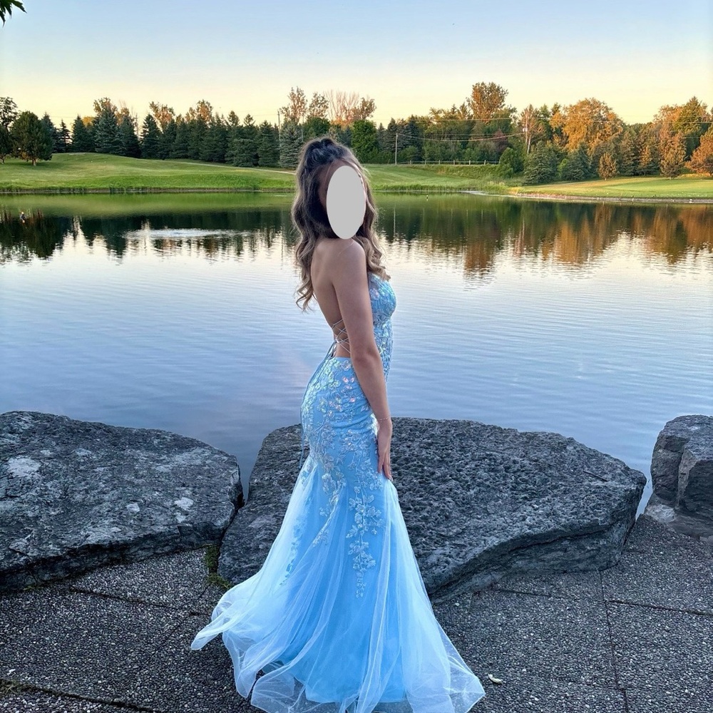 Prom Dress Elegant Blue Floral Sequins Gown - size XS or size 2 EUC